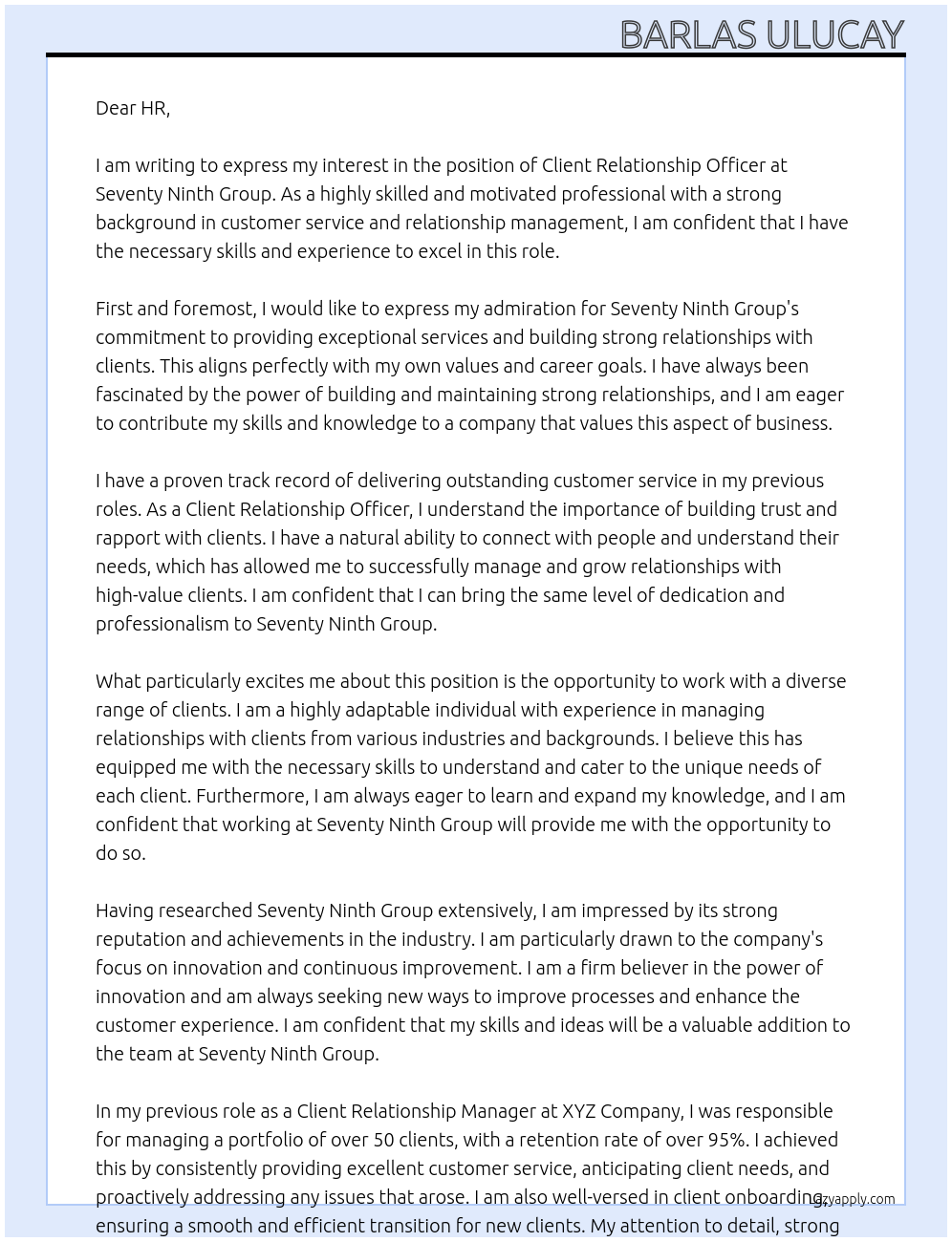 Client Relationship Officer At Seventy Ninth Group  Cover Letter