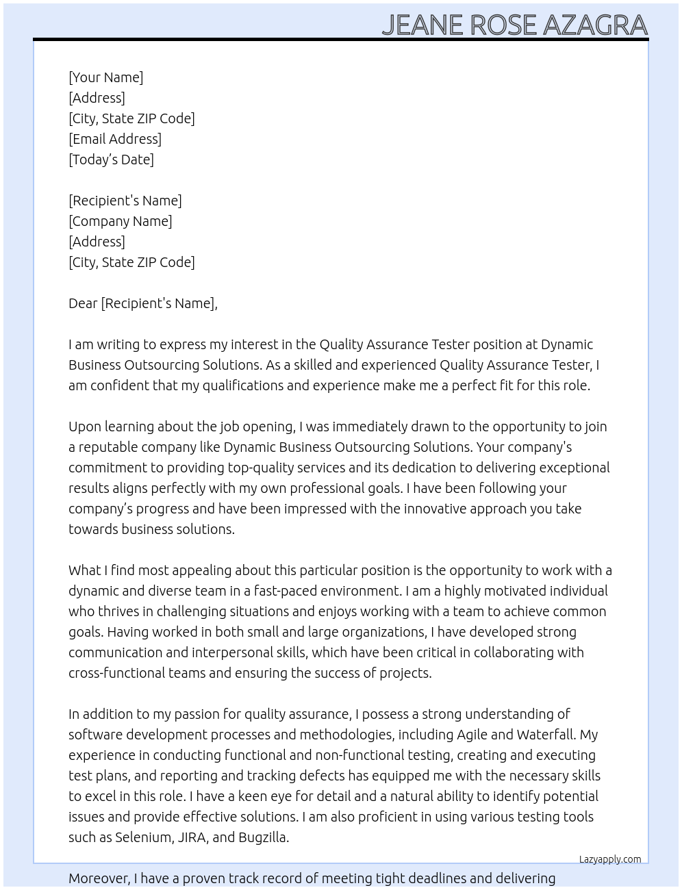 Quality Assurance Tester At Dynamic Business Outsourcing Solutions Cover Letter