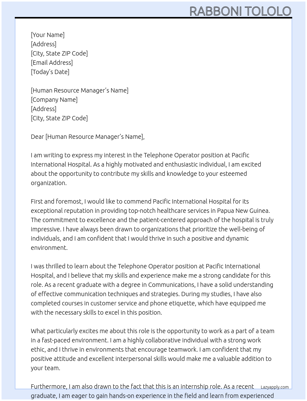 Telephone Operator At Pacific International Hospital Cover Letter