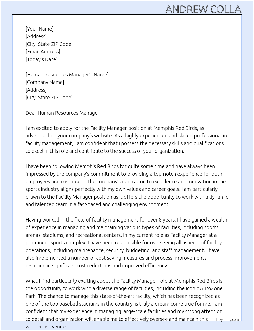 Facility Manager At Memphis Red Birds Cover Letter