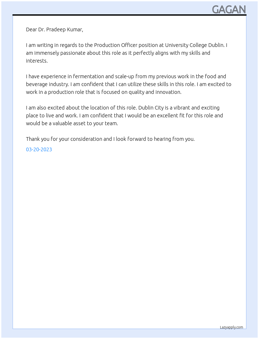Production officer At University college Dublin Cover Letter