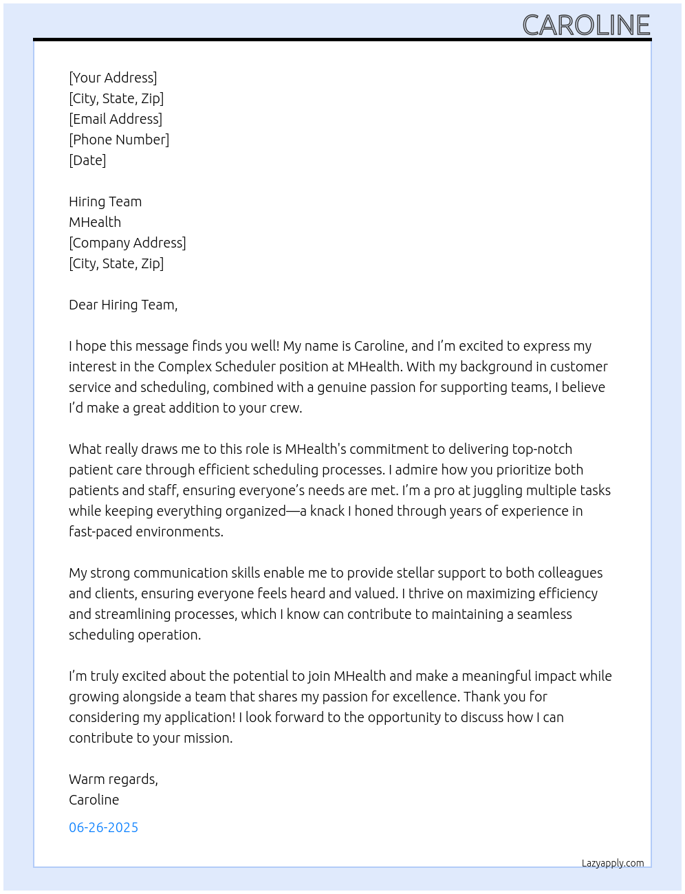 Cover letter for complex scheduler - LazyApply