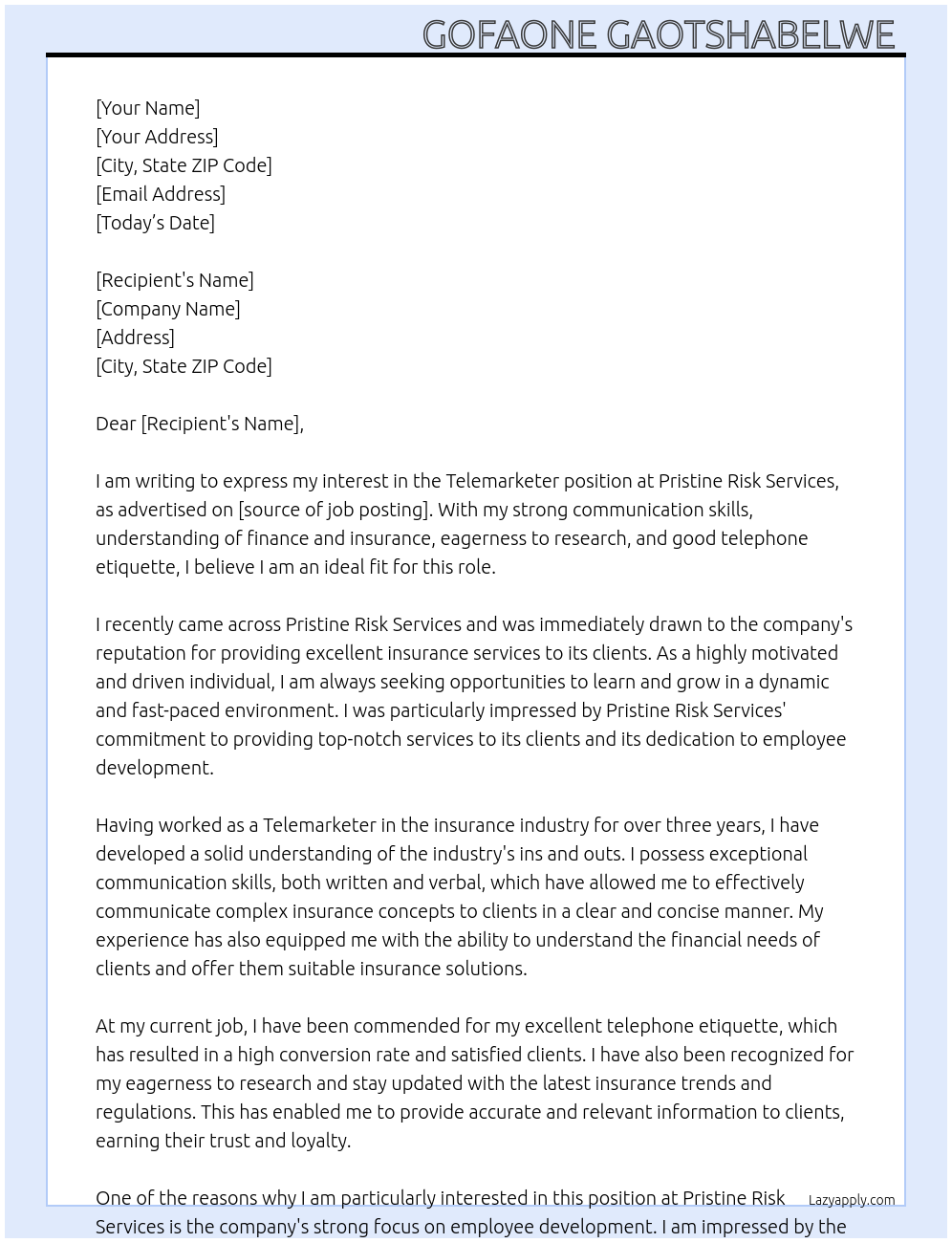 Telemarketer At Pristine Risk Services Cover Letter