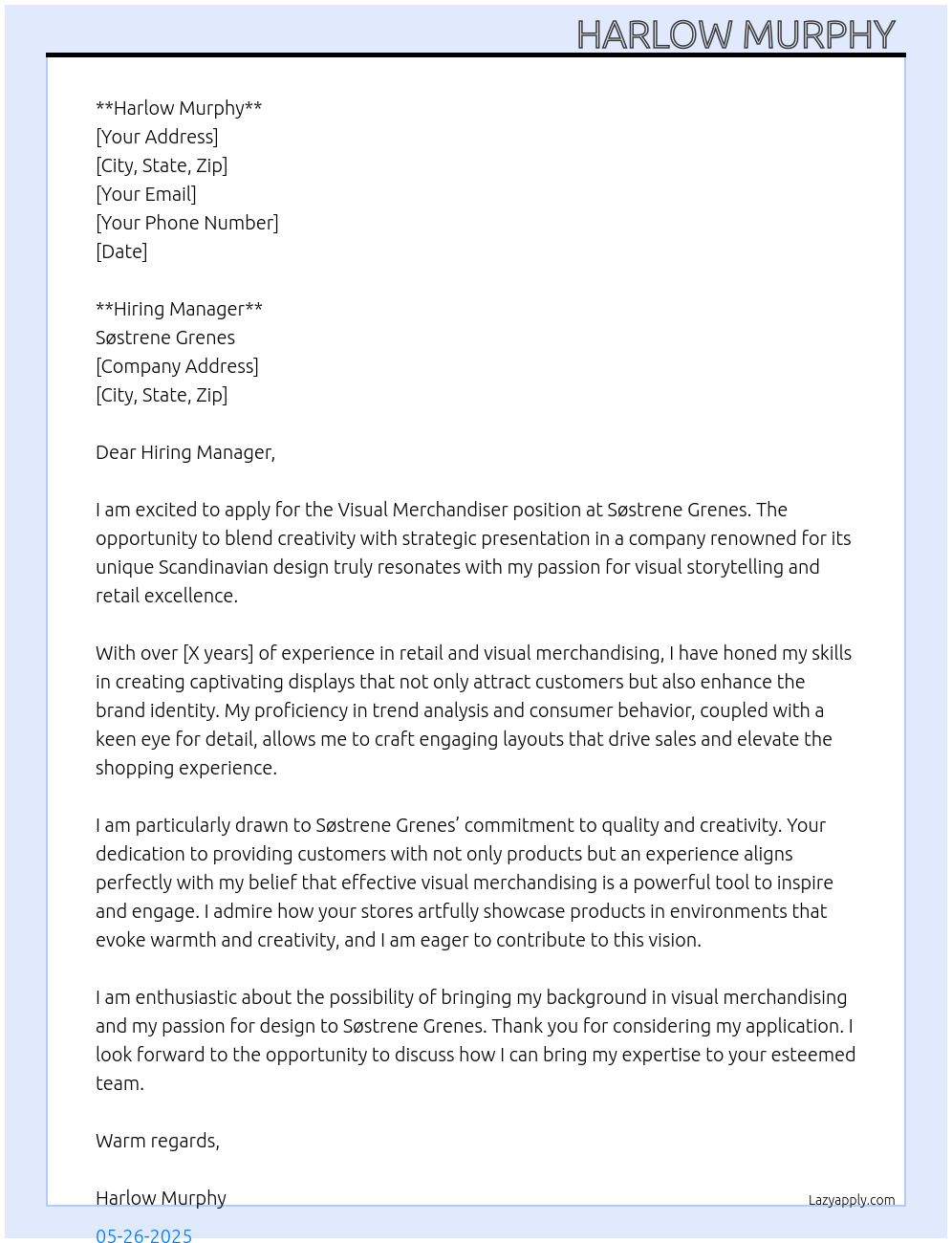 Visual Merchandiser At Søstrene Grenes Cover Letter