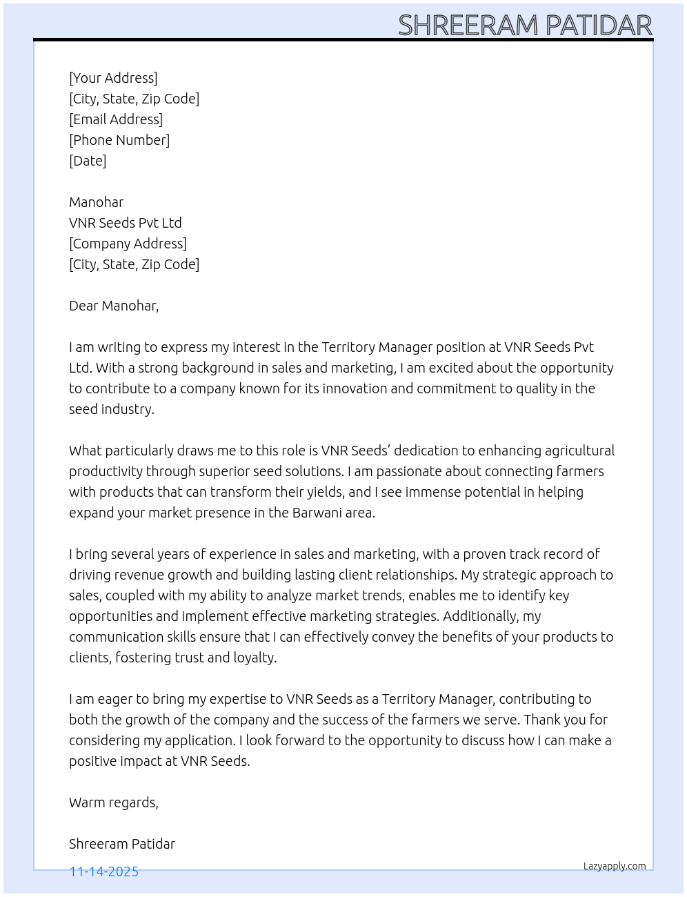 Cover letter for territory manager - LazyApply