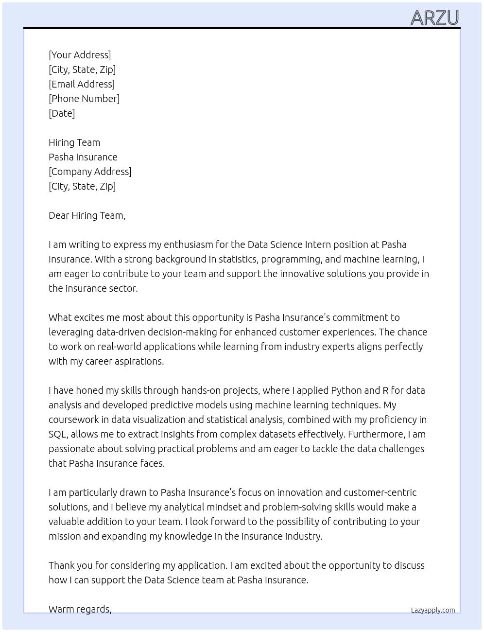 Cover letter for data science intern - LazyApply