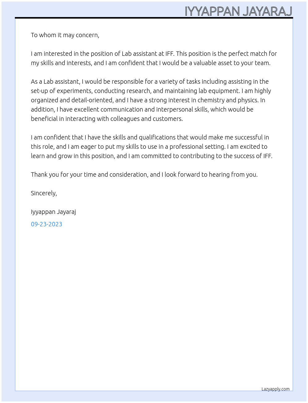 Lab assistant At IFF Cover Letter