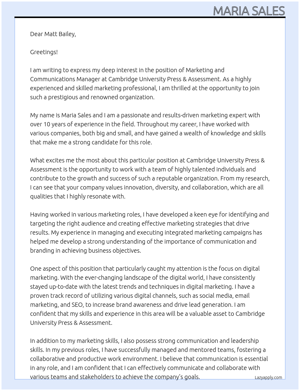 Marketing and Communications Manager At Cambridge University Press & Assessment Cover Letter