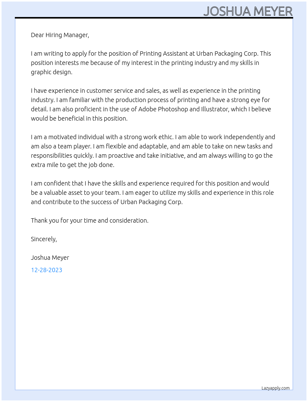 Printing Assistant At Urban Packaging Corp Cover Letter