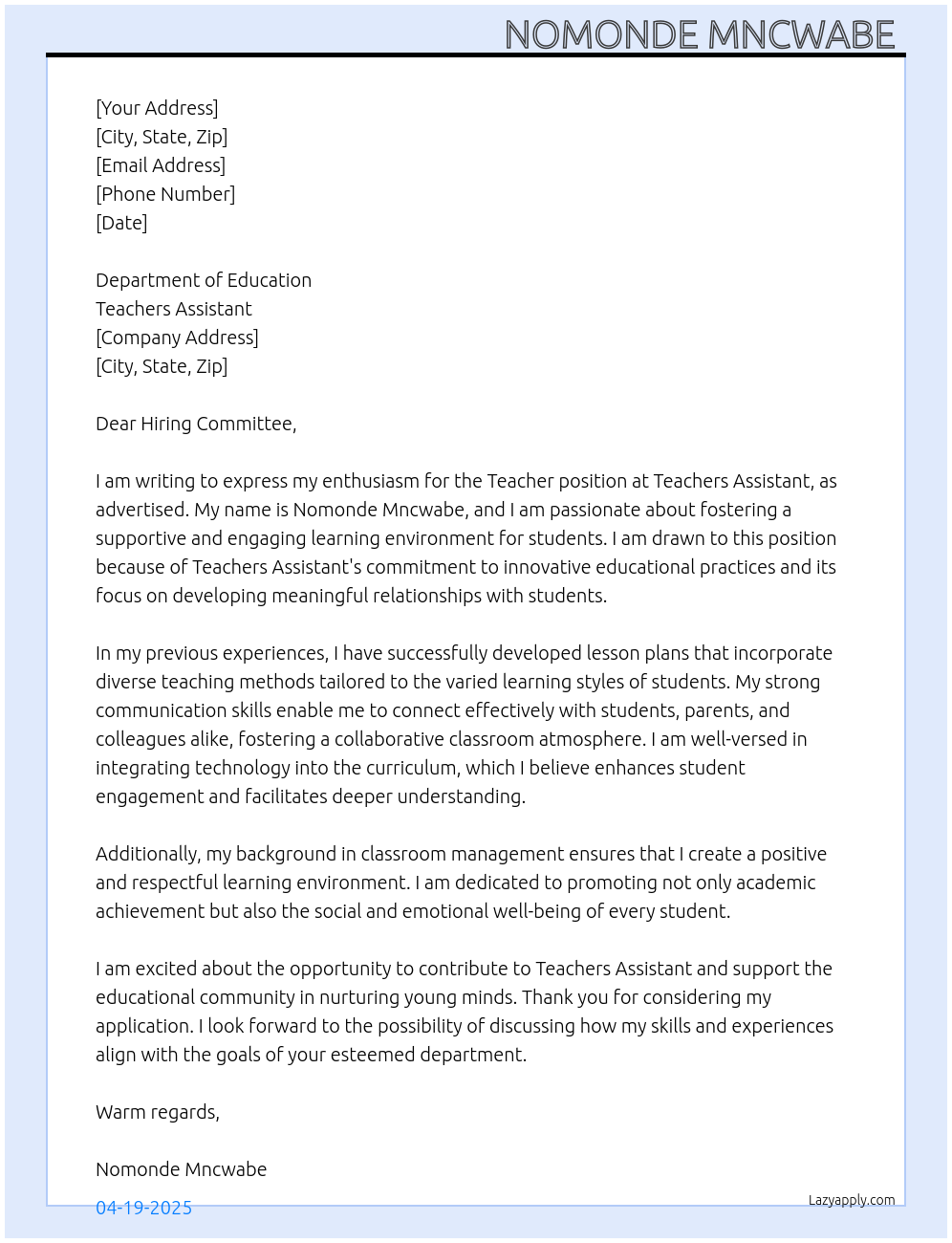 Teacher At Teachers Assistant Cover Letter