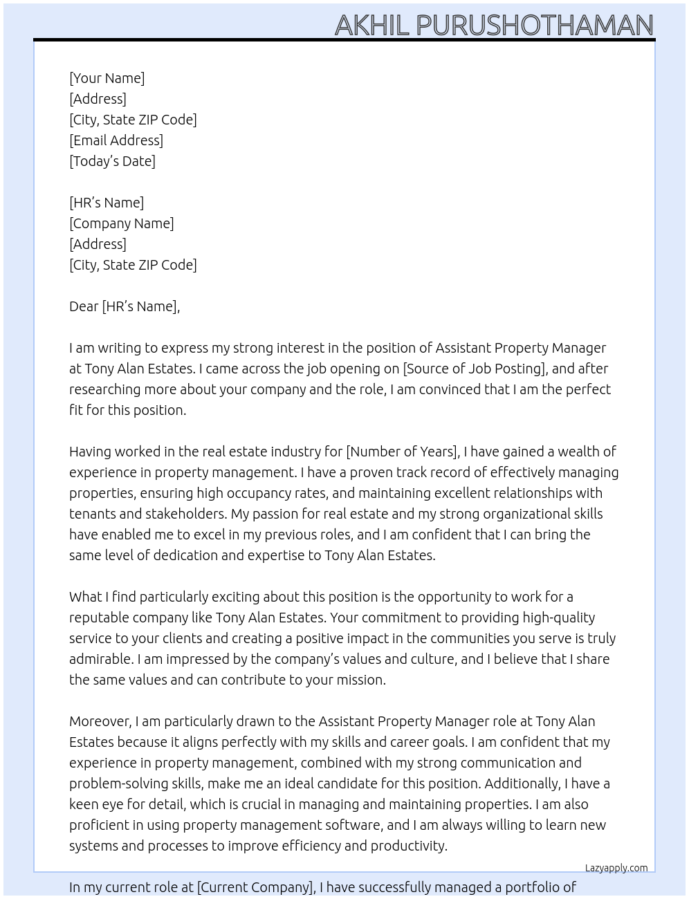 Assistant property manager At Tony Alan Estates Cover Letter