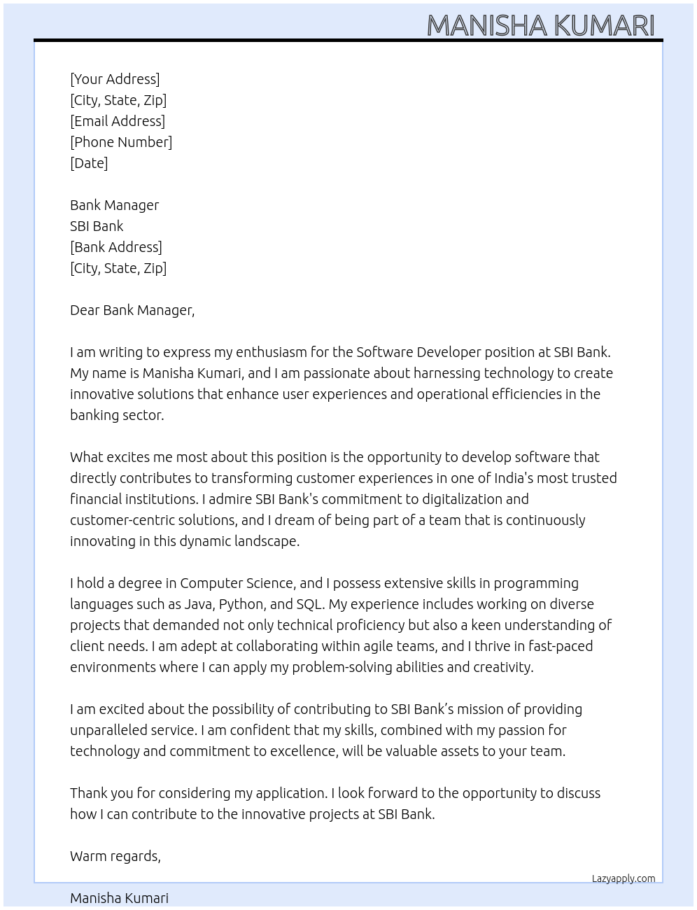 Software developer At SBI Bank Cover Letter