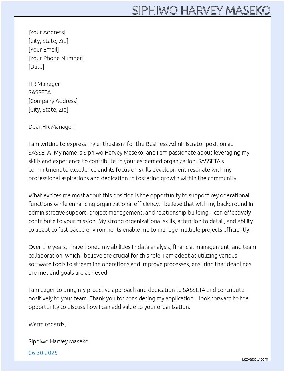 Cover letter for business administrator - LazyApply