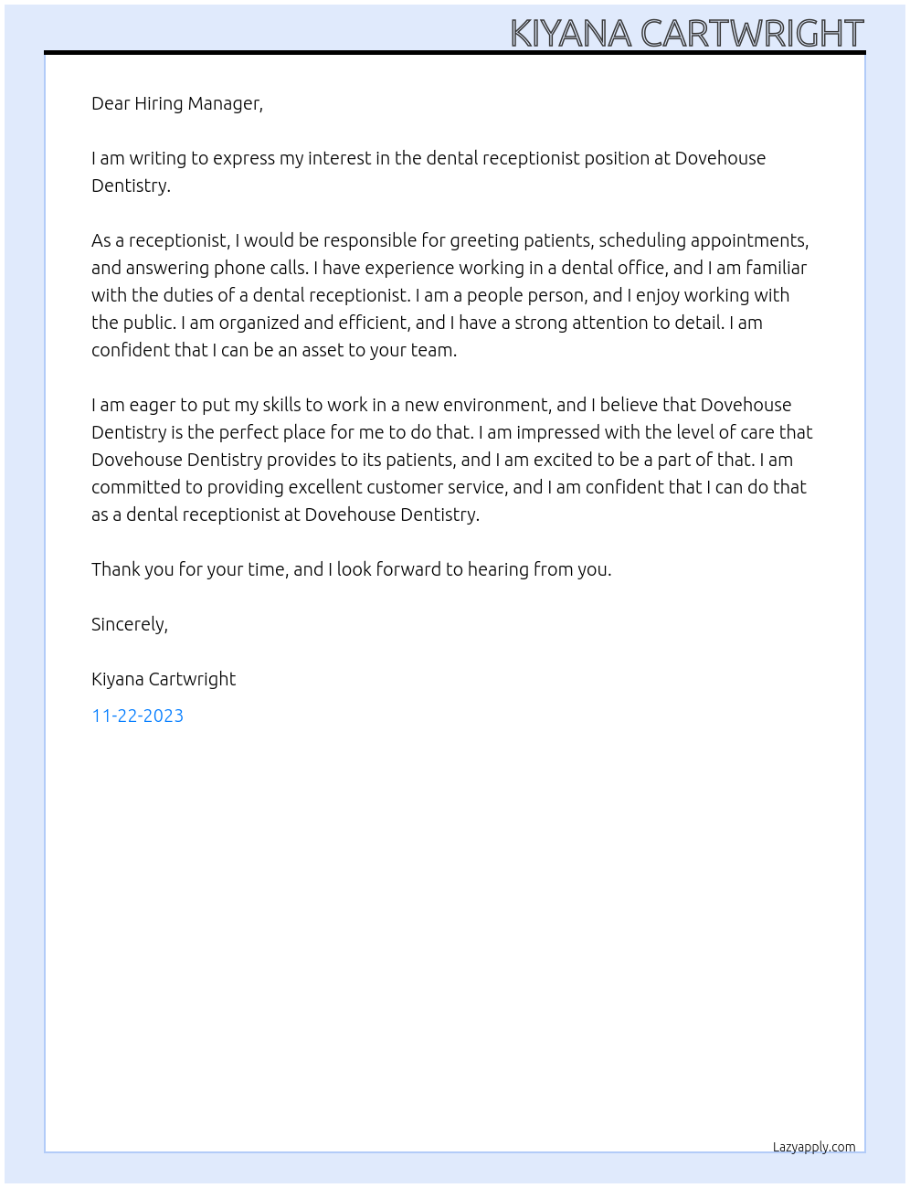 Dental receptionist At Dovehouse dentistry Cover Letter