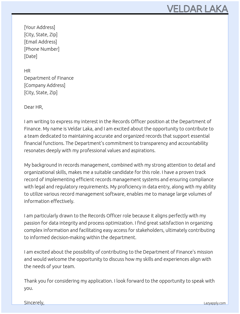 Records officer At Department of Finance  Cover Letter