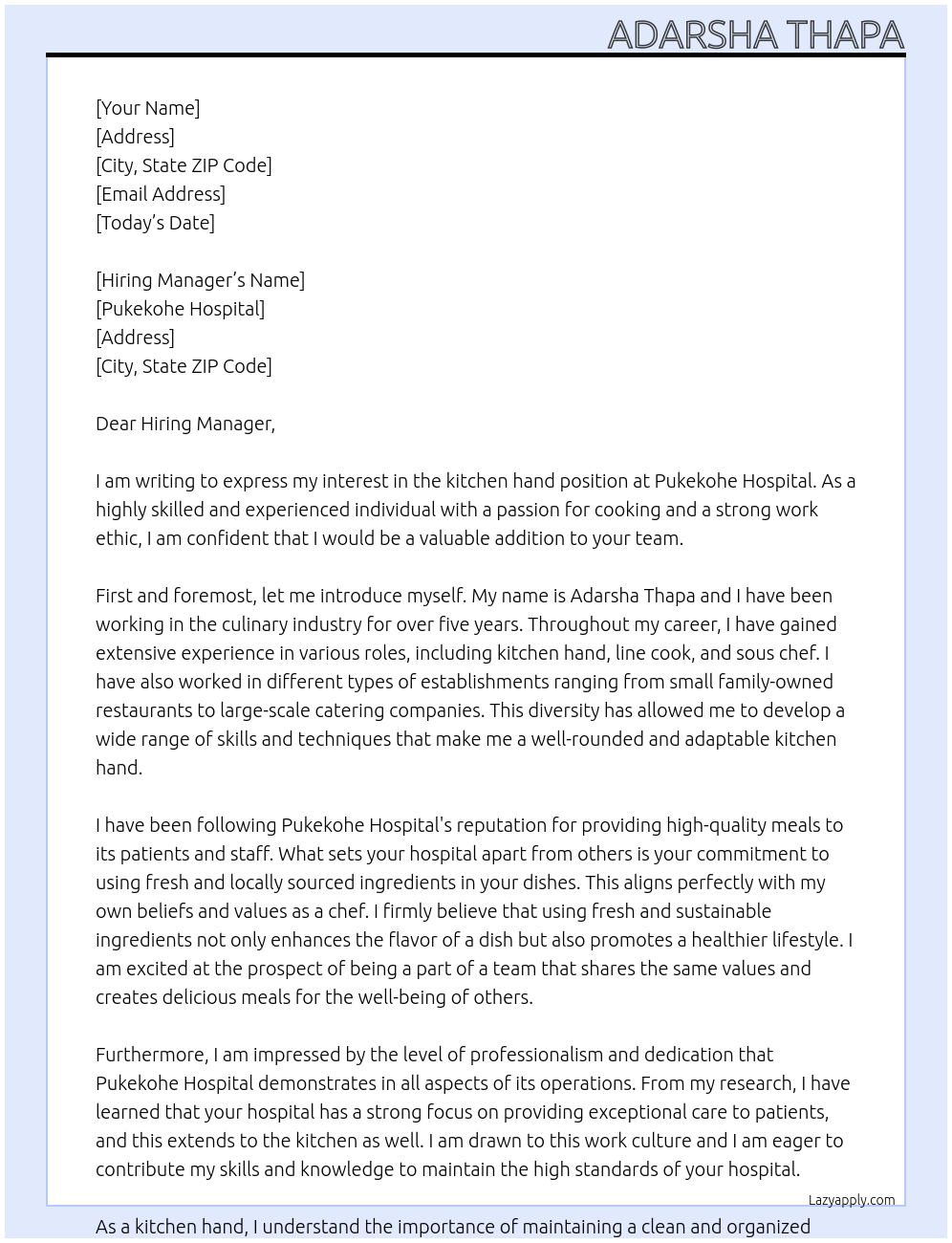 kitchen hand At pukekohe hospital Cover Letter