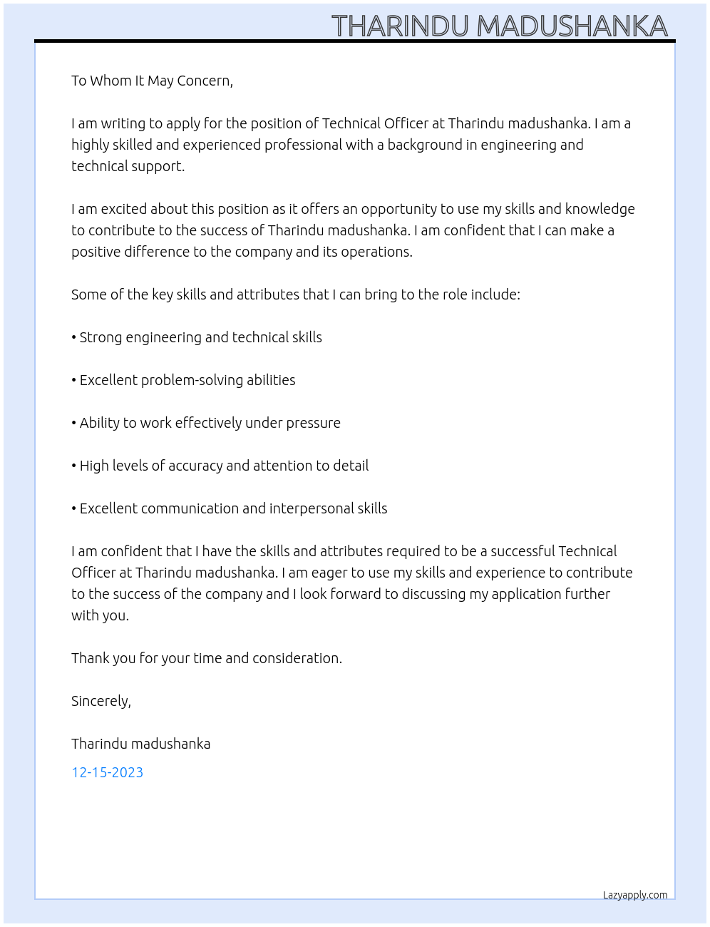 Technical officer  At Tharindu madushanka  Cover Letter