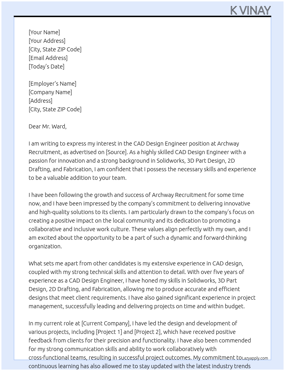 CAD Design Engineer At Archway Recruitment Cover Letter