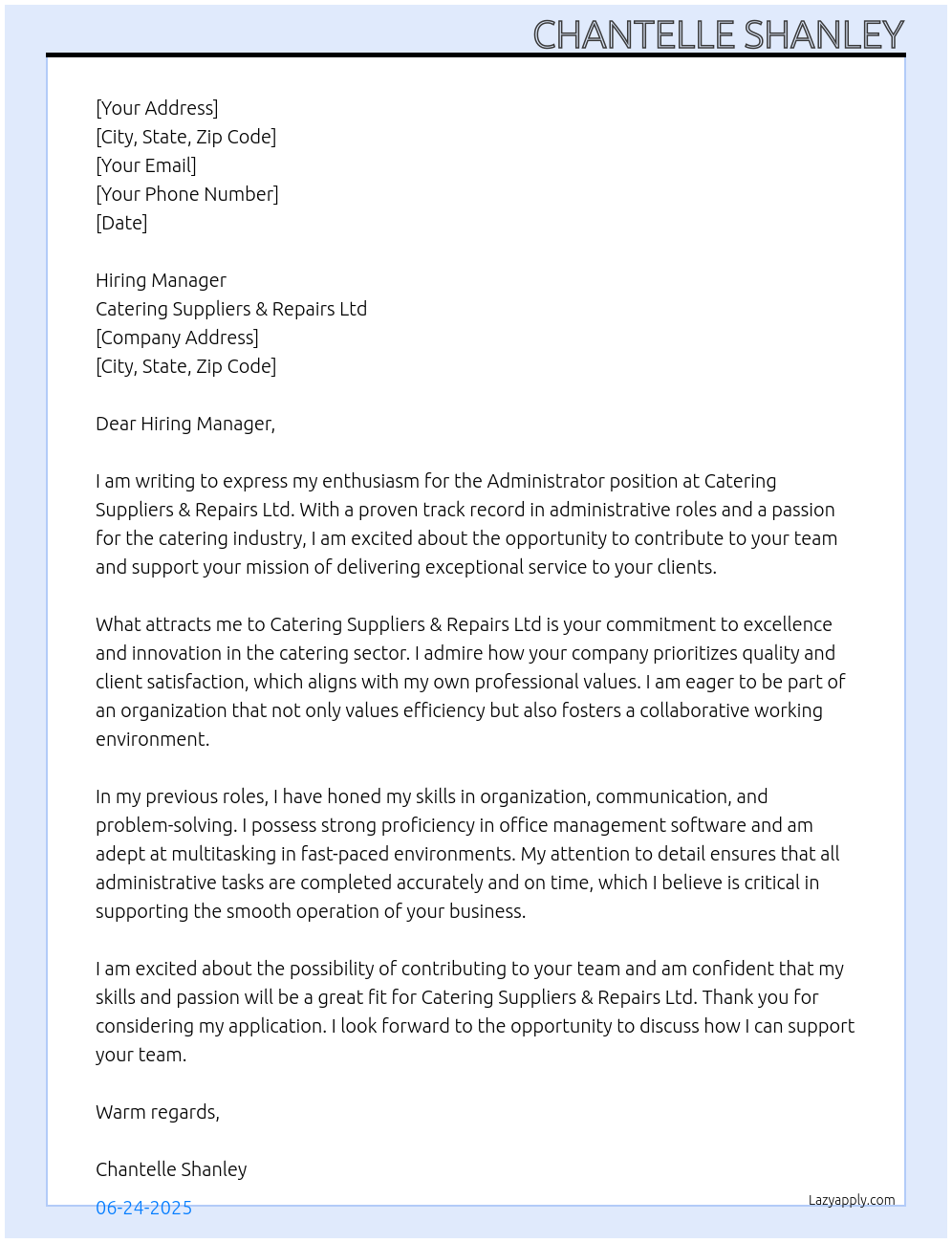 Administrator At Catering Suppliers & Repairs Ltd Cover Letter