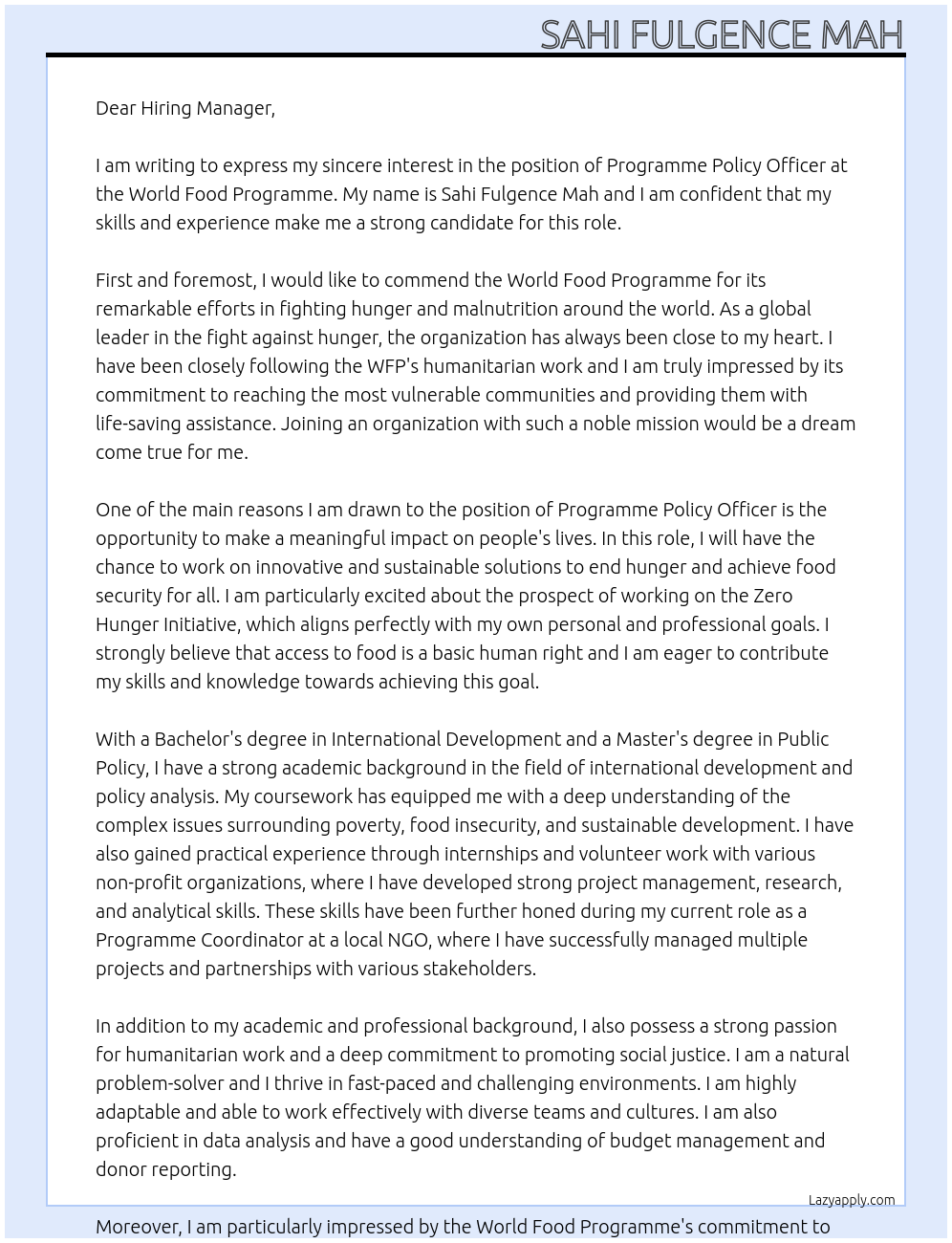 PROGRAMME POLICY OFFICER At WORLD FOOD PROGRAMME Cover Letter