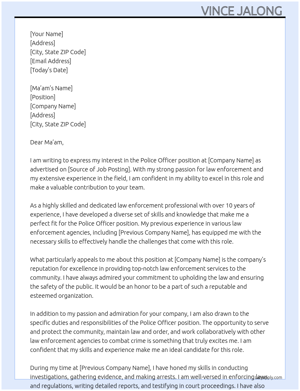 police officer At none Cover Letter