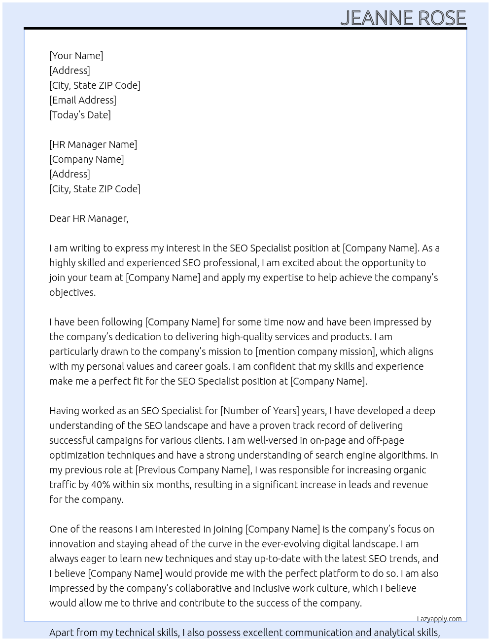 SEO Specialist At a Cover Letter