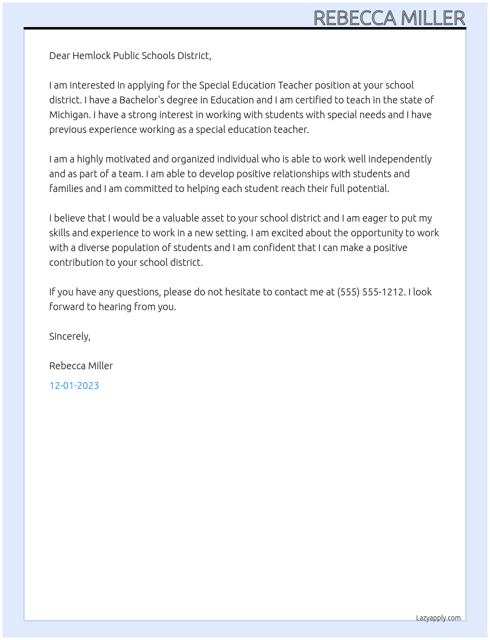 Special Education Teacher At Special Education Teacher Hemlock Public Schools Cover Letter