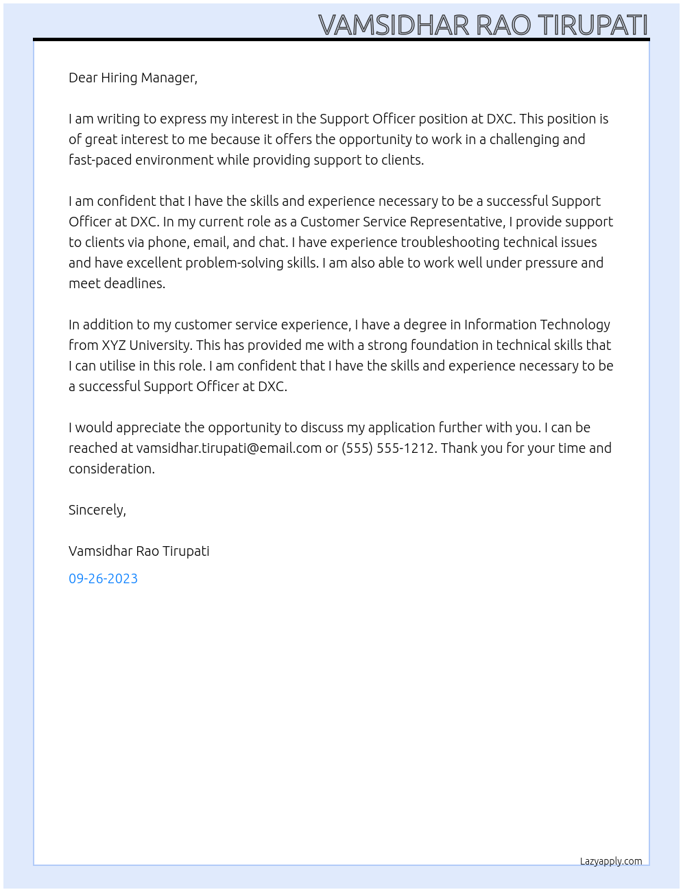 Support Officer  At DXC Cover Letter