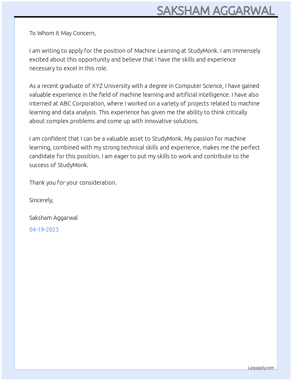 Machine Learning At StudyMonk Cover Letter