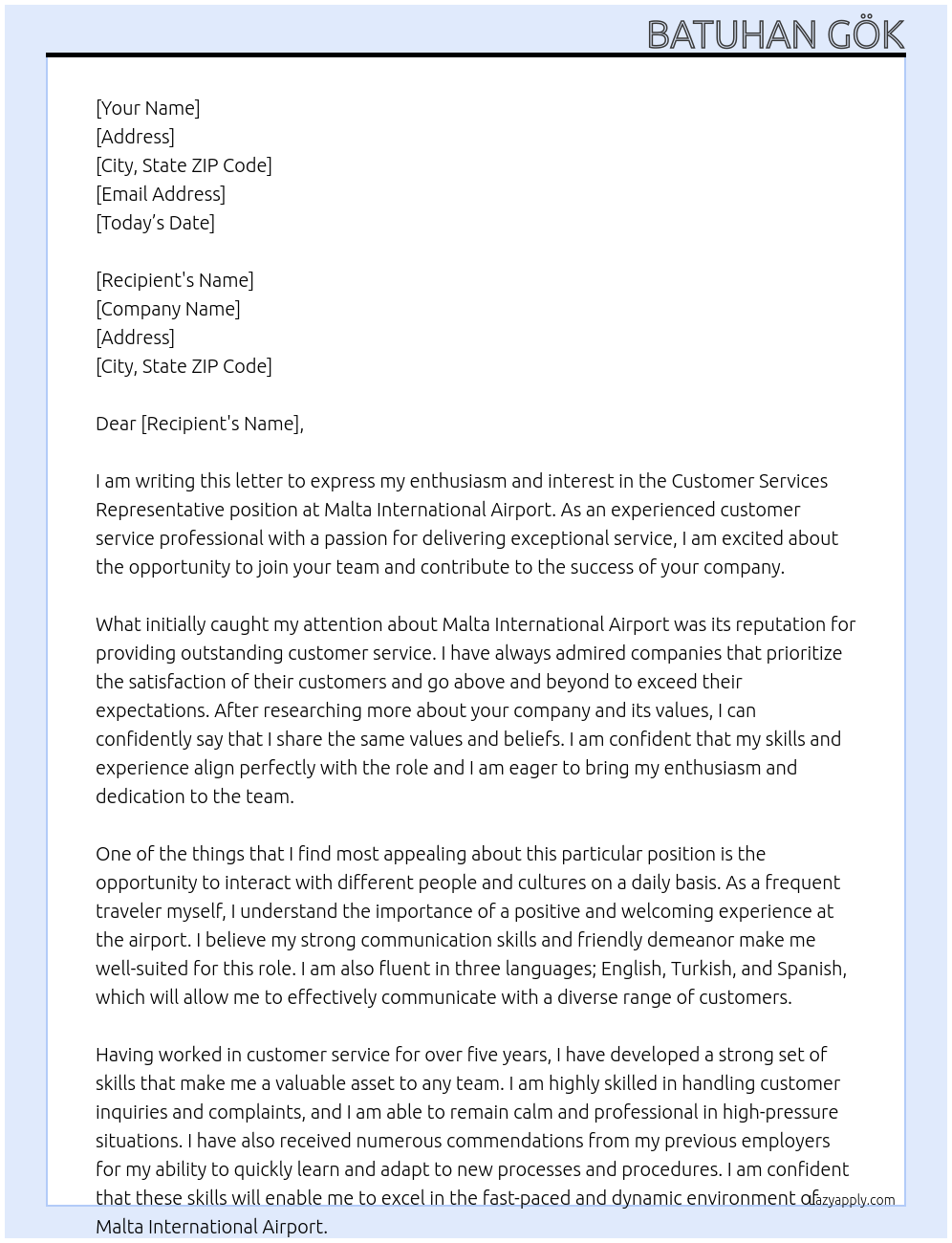 Customer Services Representative At Malta International Airport  Cover Letter