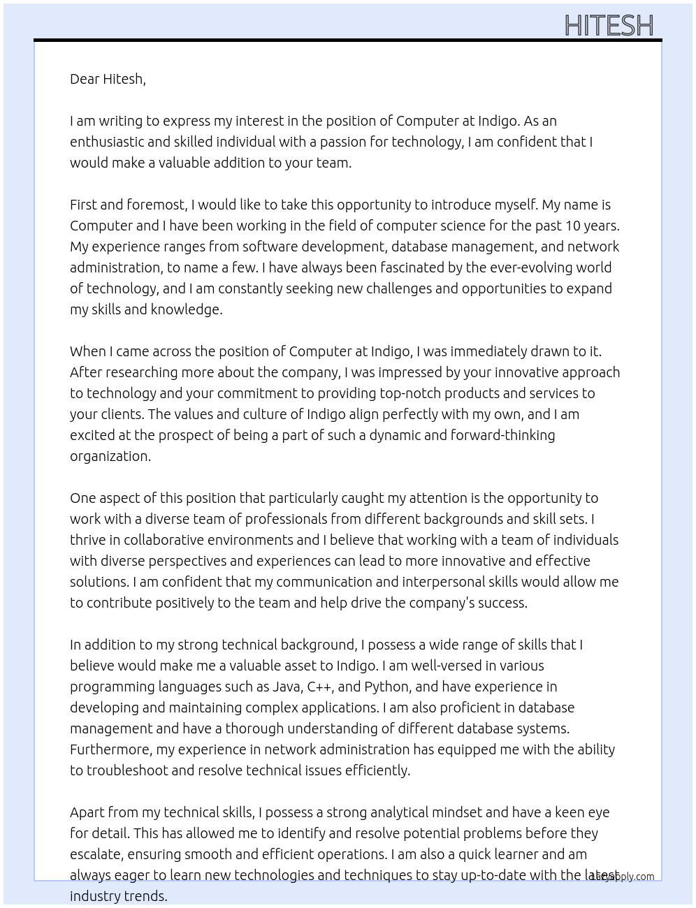 Computer  At Indigo  Cover Letter