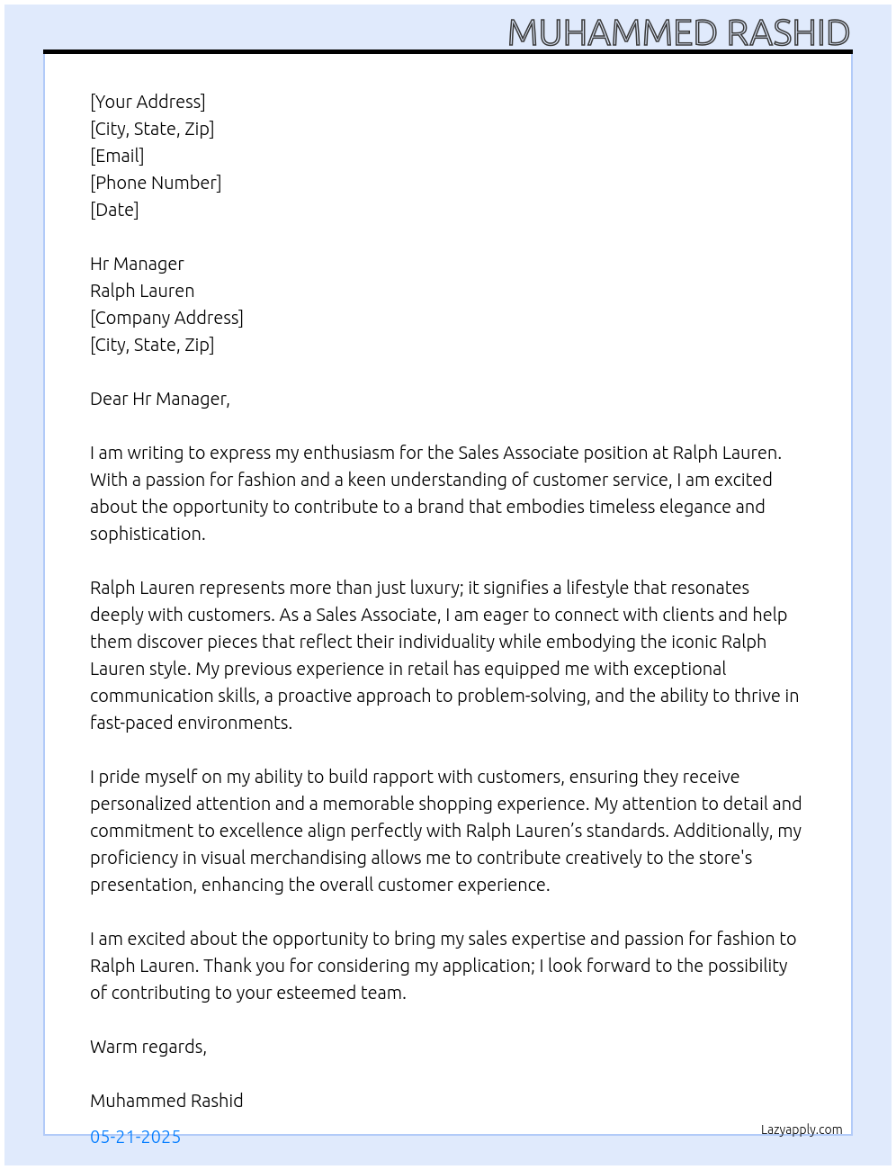 Sales Associate At Ralph Lauren Cover Letter