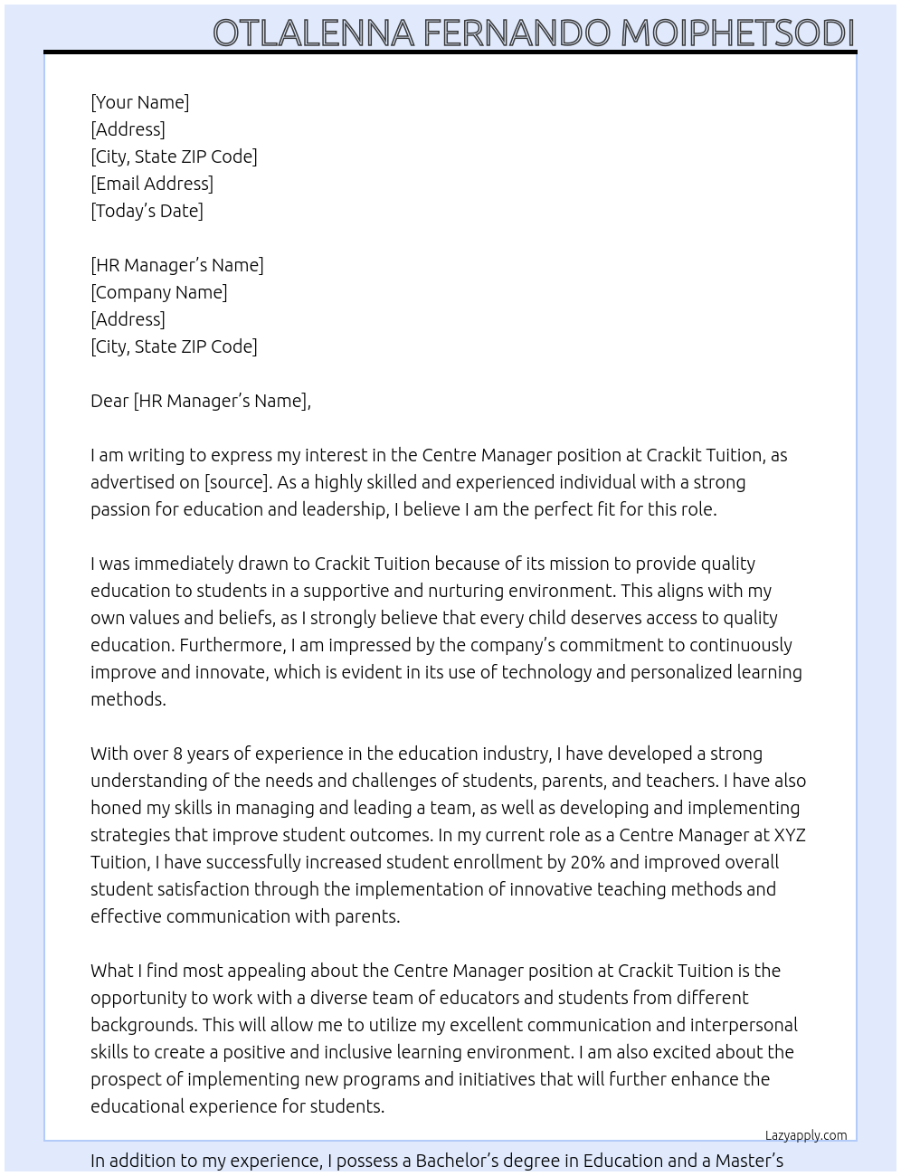 Centre Manager At Crackit Tuition Cover Letter