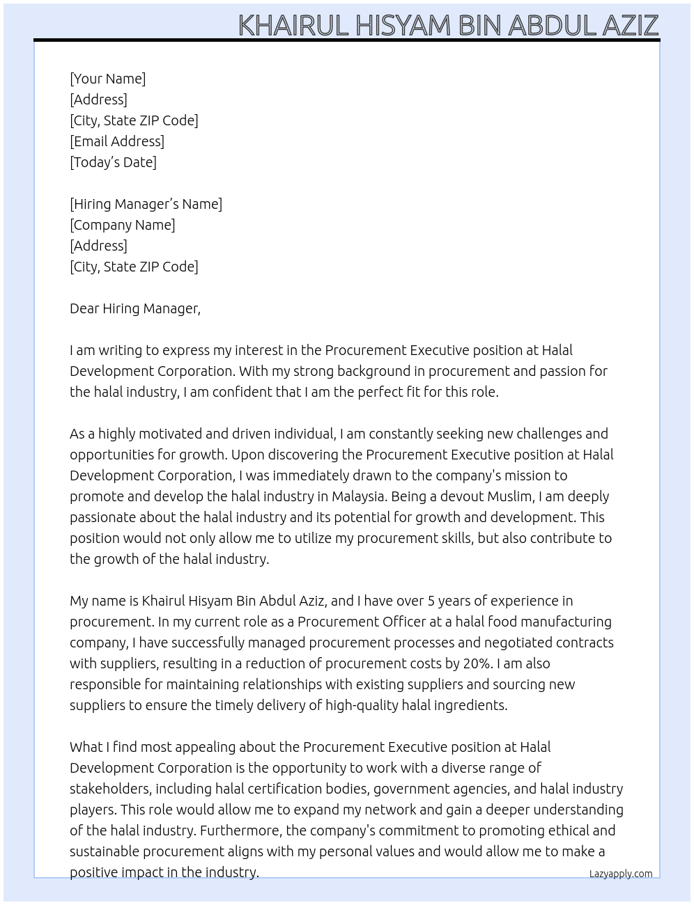 Procurement Executive At Halal Development Corporation Cover Letter