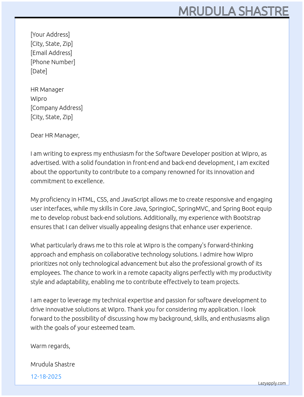 Software developer At Wipro Cover Letter