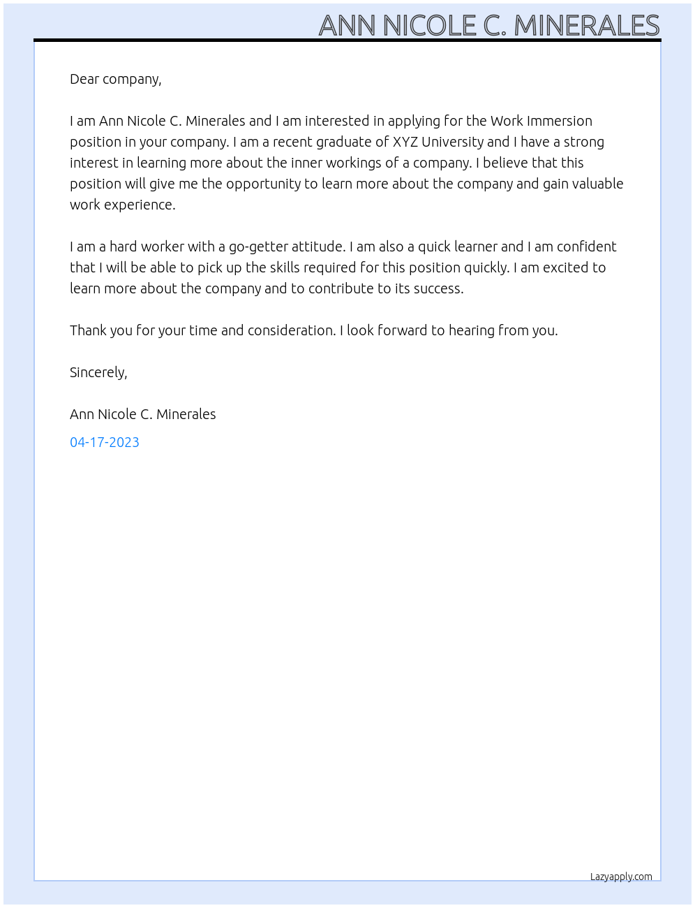 Work Immersion At company Cover Letter