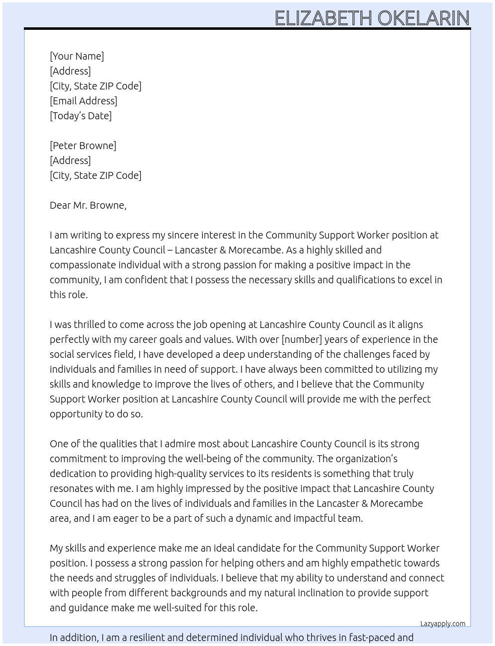 Community Support Worker At Lancashire County Council - Lancaster & Morecambe Cover Letter