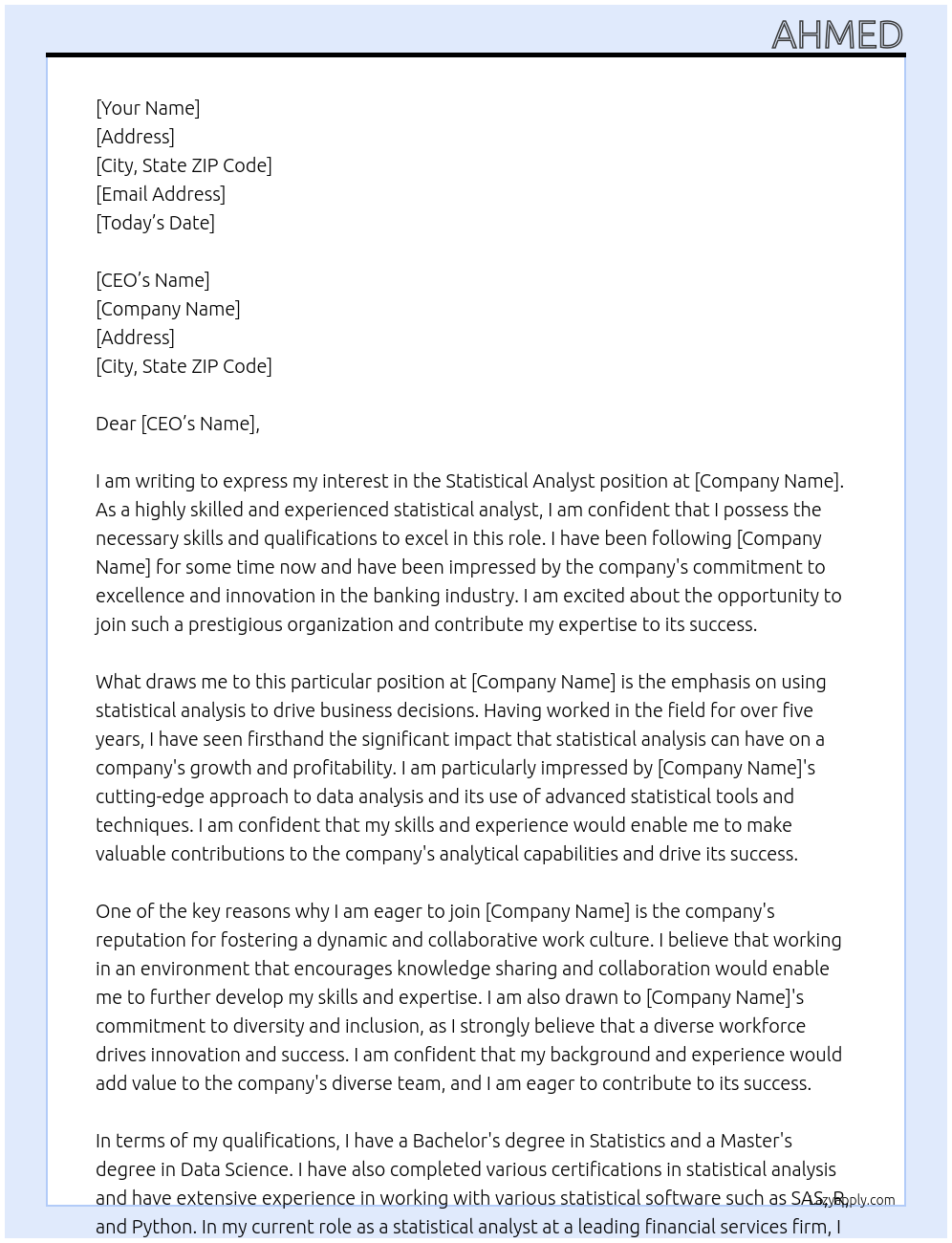 Statistical Analyst At Bank Cover Letter