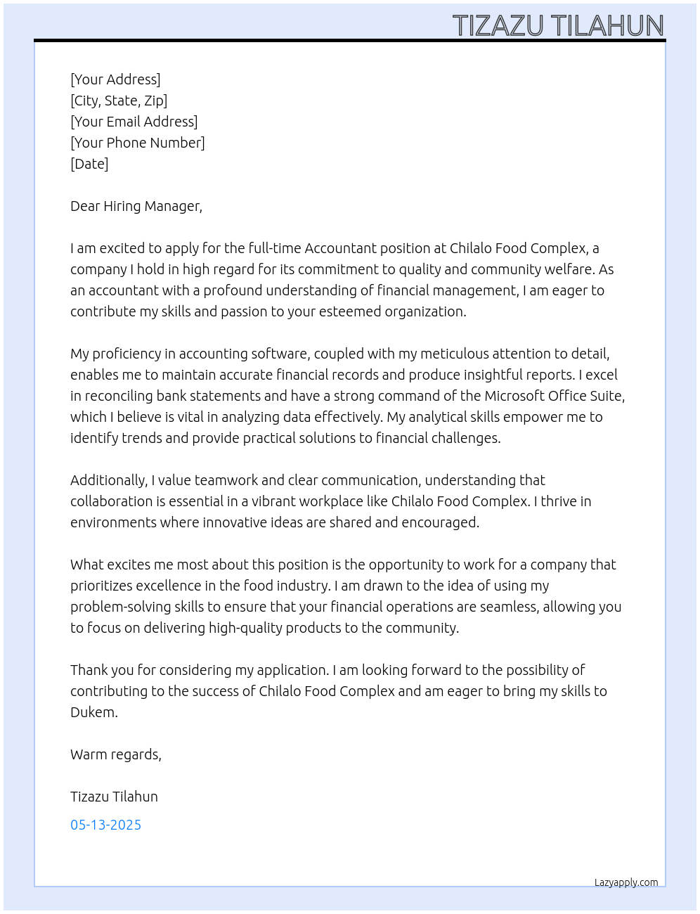 Accountant At Chilalo Food complex Cover Letter