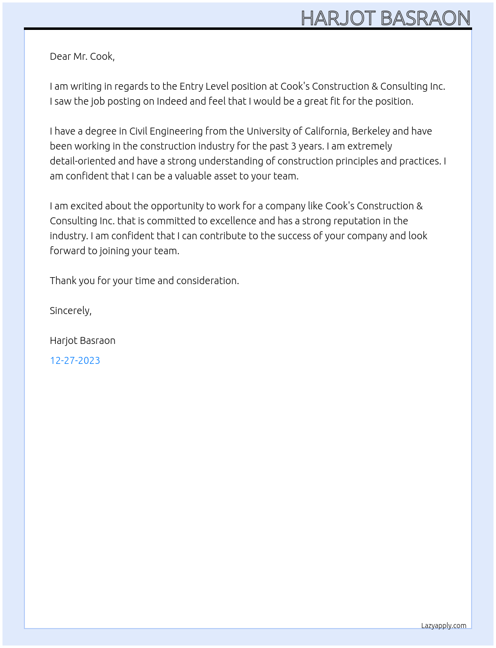 Entry Level At Cook's Construction & Consulting Inc. Cover Letter
