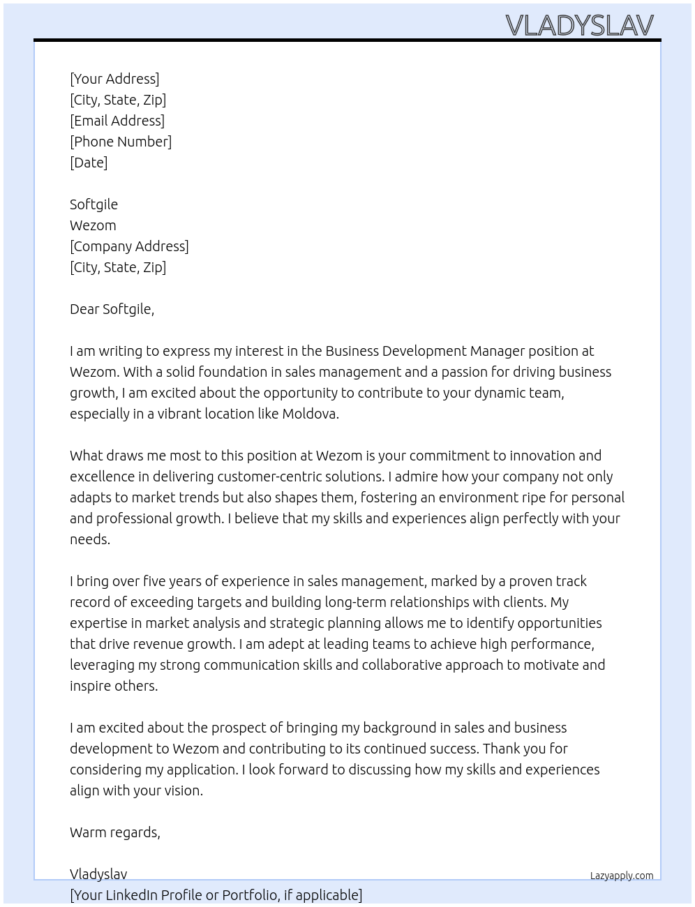 Cover letter for business development manager - LazyApply