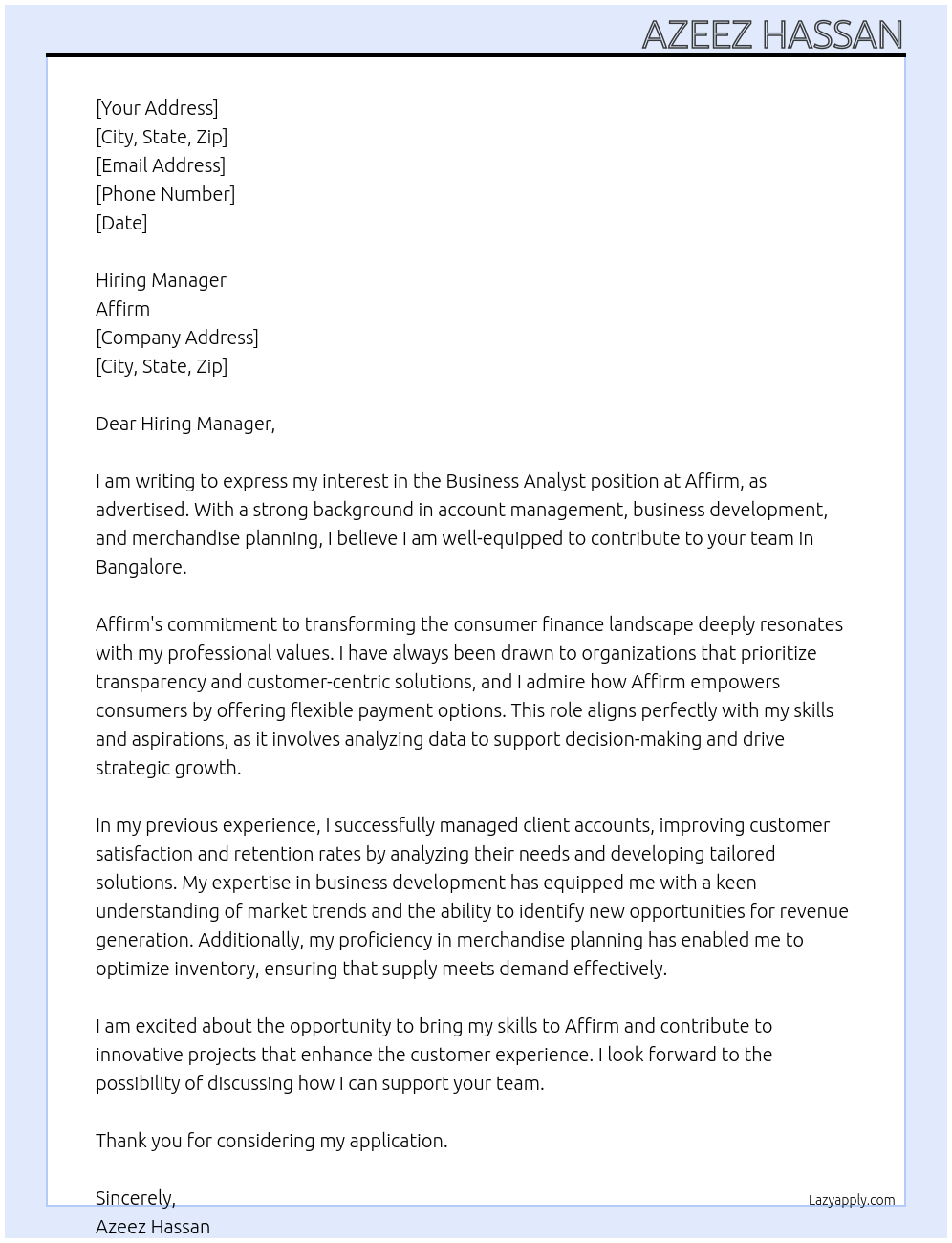 Business Analyst At Affirm Cover Letter