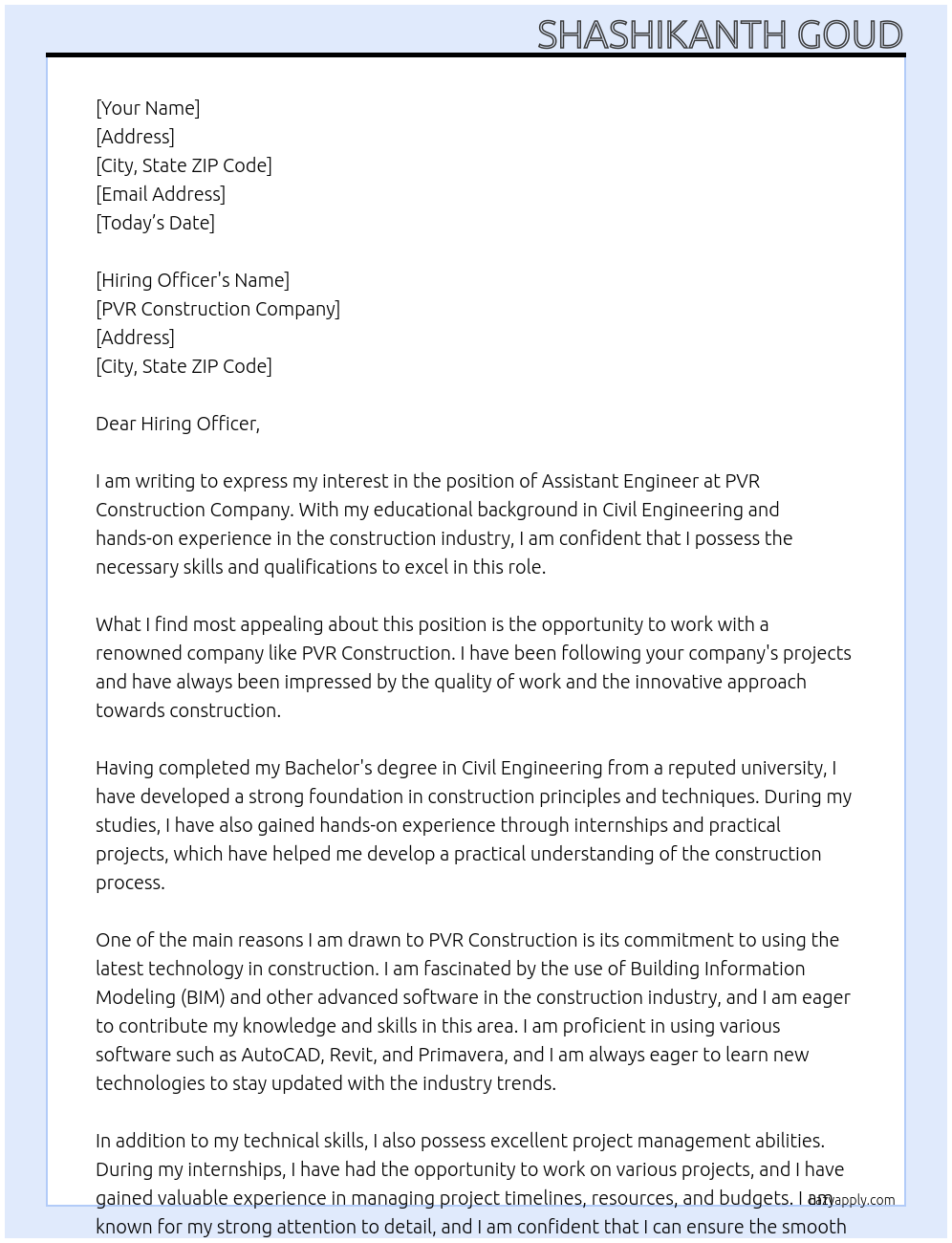 Assistant Engineer At Pvr Construction Company Cover Letter