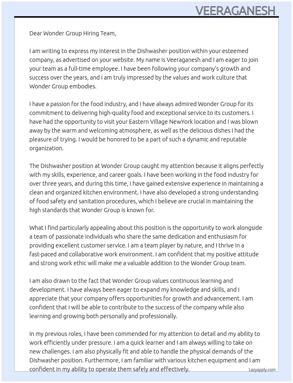 Dishwasher At Wonder group Cover Letter