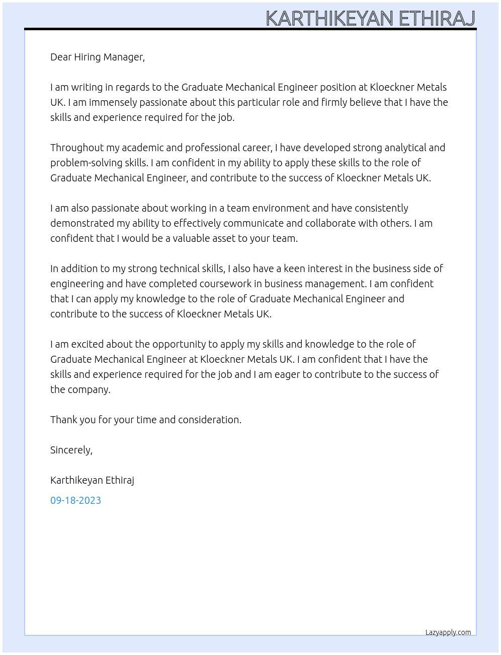 Graduate Mechanical Engineer At Kloeckner Metals UK Cover Letter