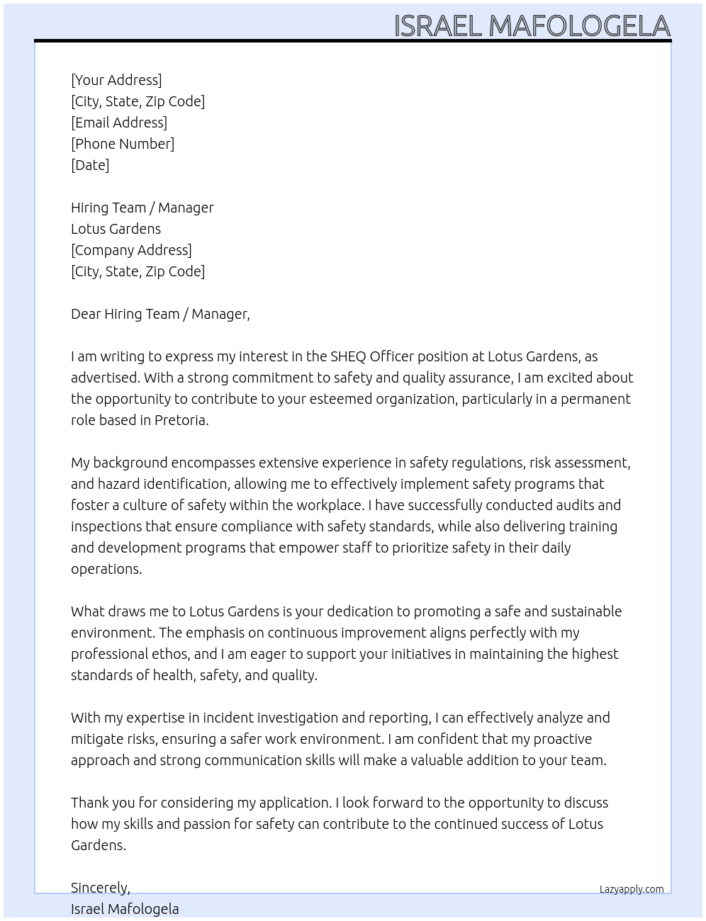 Cover letter for sheq officer - LazyApply