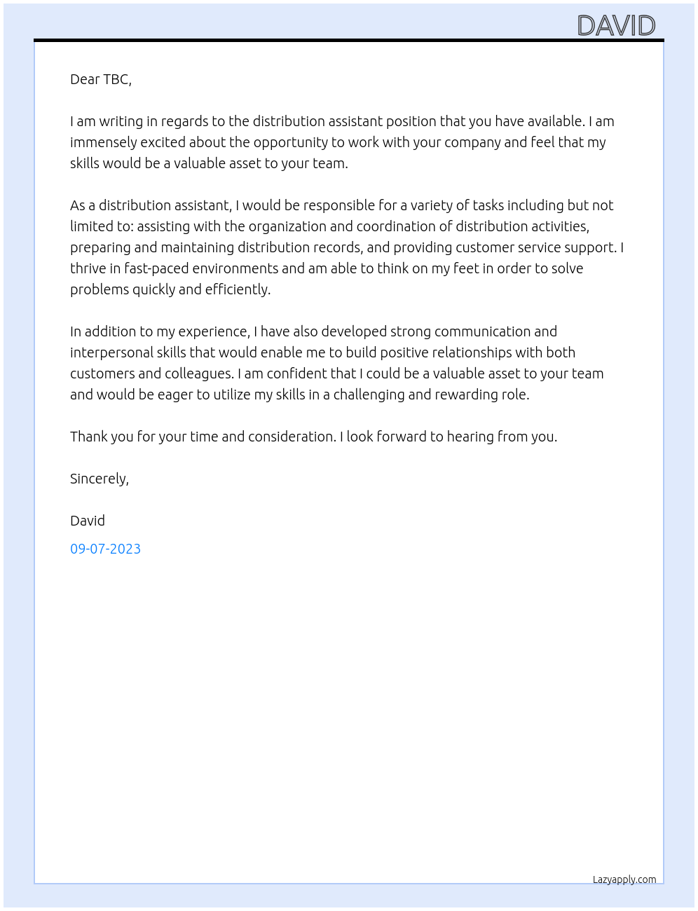 Distribution Assistant At TBC Cover Letter