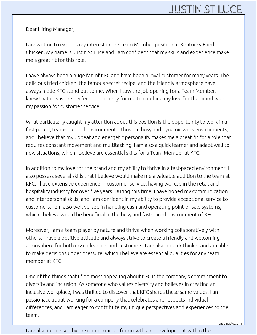 Team member At Kentucky fried chicken Cover Letter
