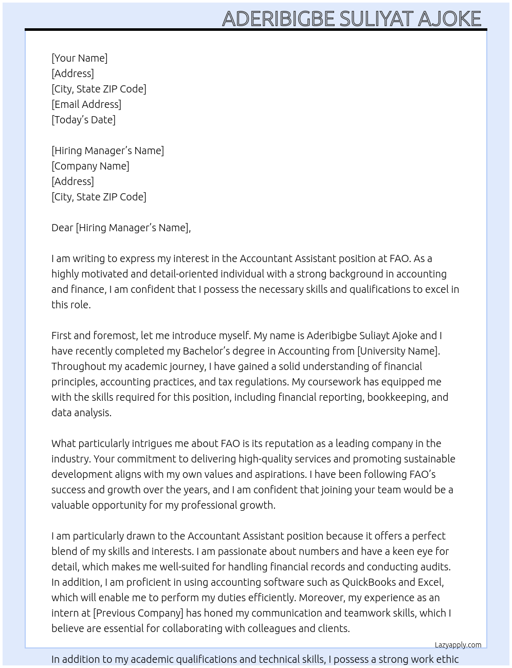 Accountant Assistant At Fao Cover Letter