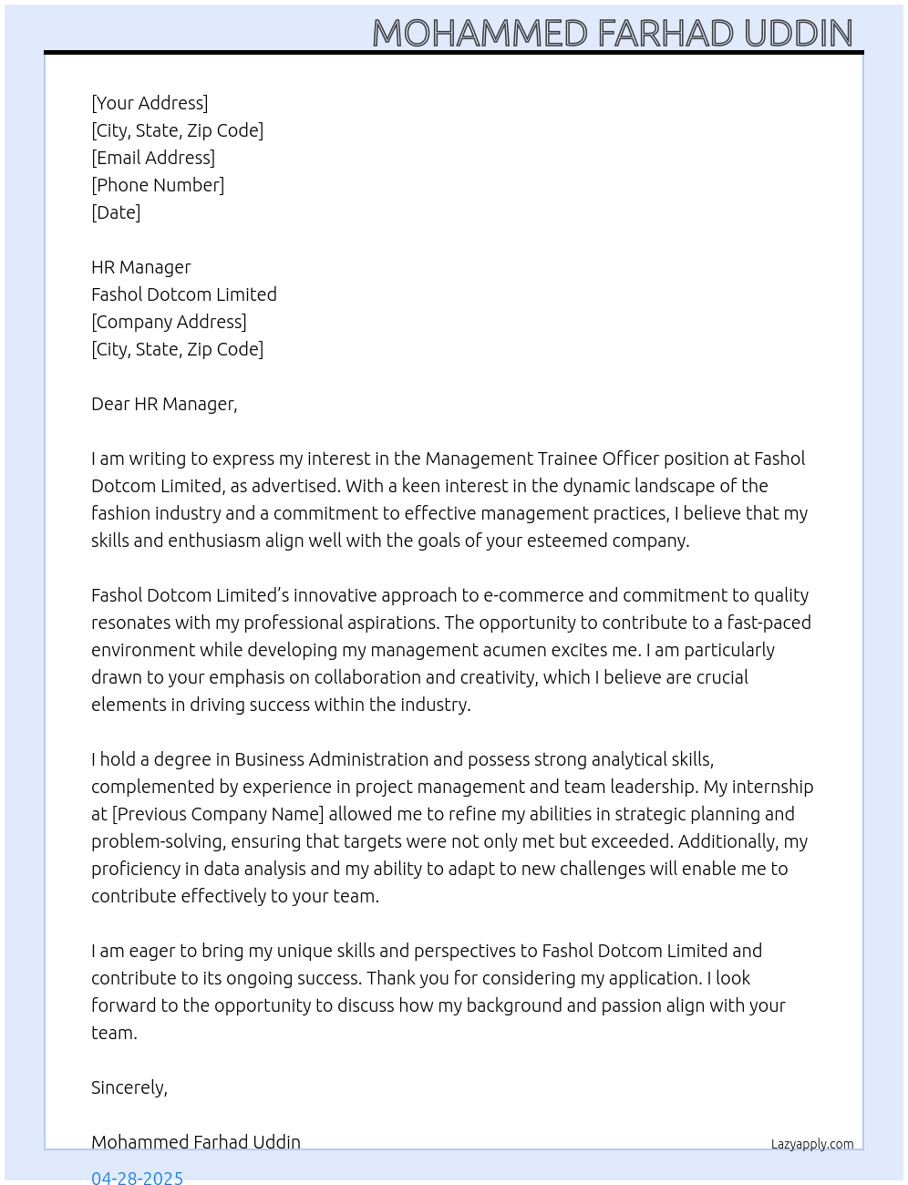 Management Trainee Officer At Fashol Dotcom Limited Cover Letter